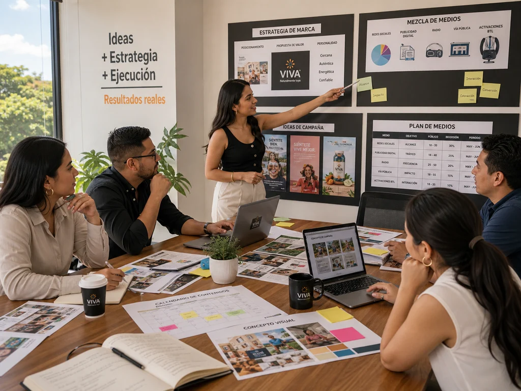 Equipo de publicidad y marketing revisando estrategia de campana