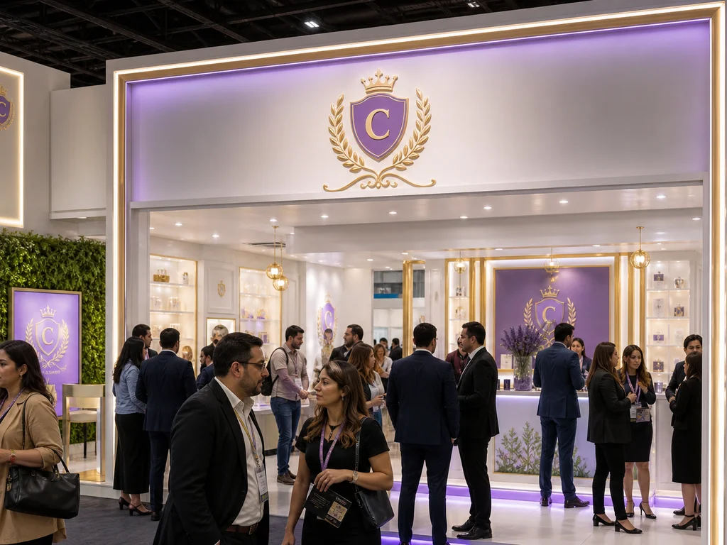 Stand iluminado con visitantes en feria comercial