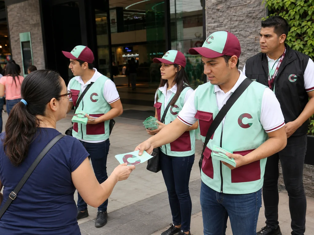 Equipo de volanteo supervisado en plaza comercial