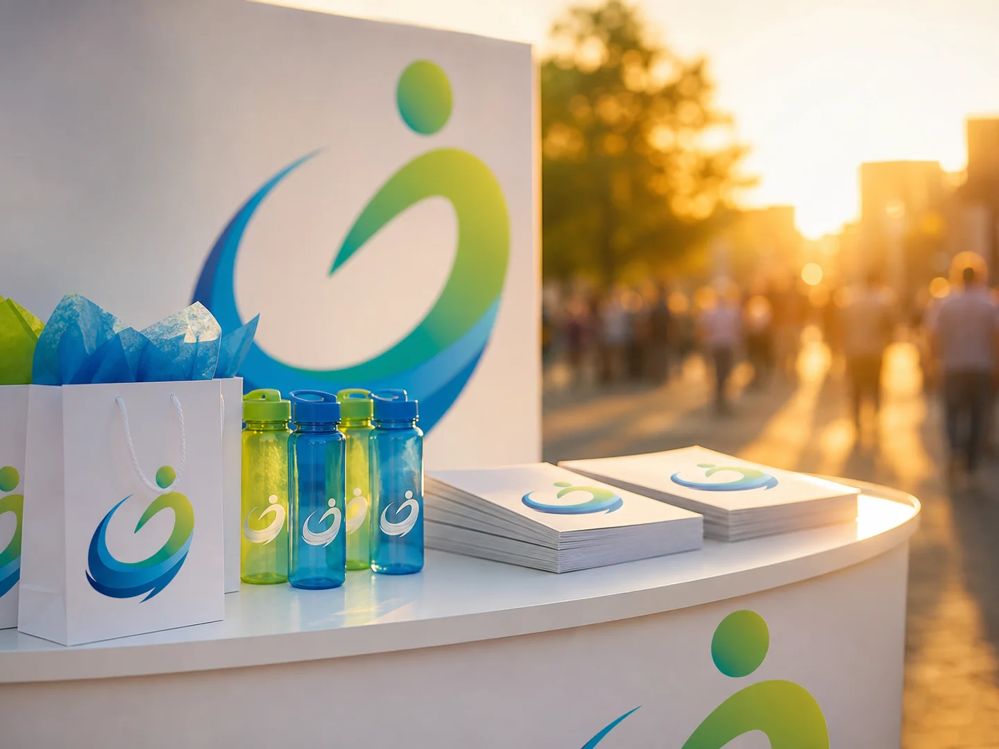 Stand de activación al aire libre con productos promocionales con la identidad de Actívate