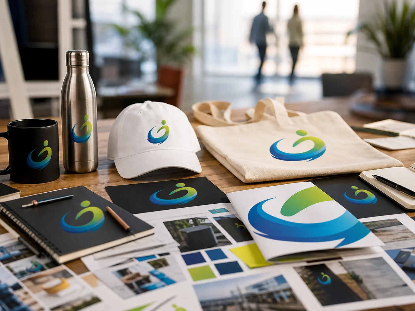 Mesa de trabajo con materiales de campaña, gorra, tote y productos promocionales con la identidad de Actívate