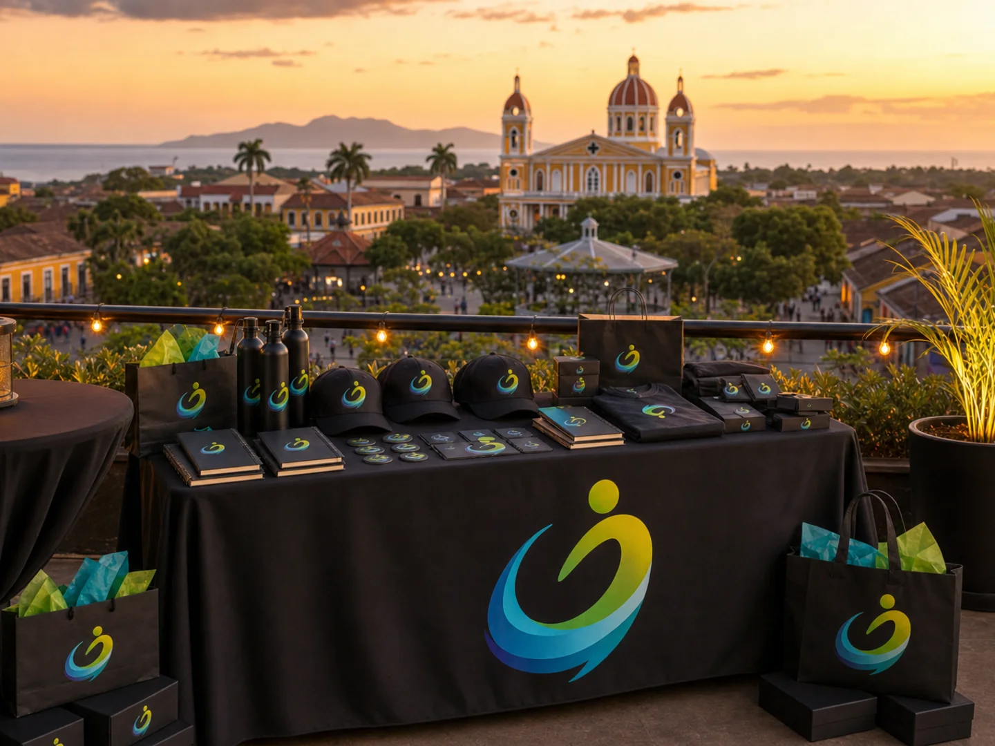 Terraza con merchandising de Actívate y vista del Parque Central y la Catedral de Granada, Nicaragua